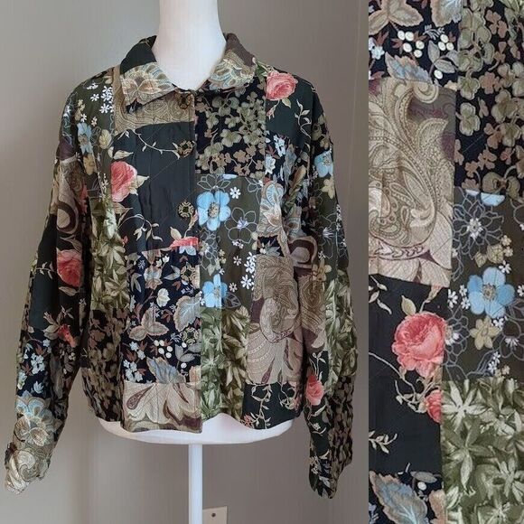 Vintage 90s Casual Studio Quilted Jacket Patchwork Floral Foliage Rose Medium - Picture 1 of 13